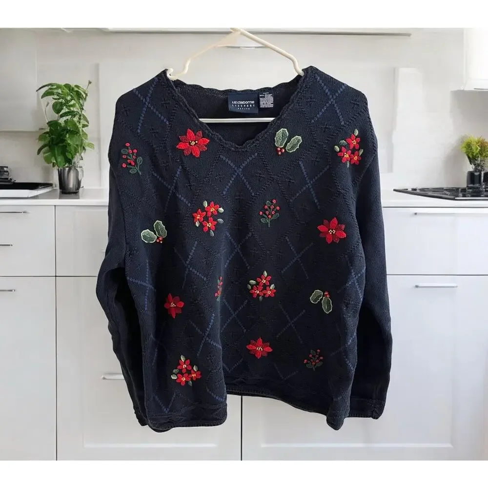 Vintage Liz Claiborne Christmas Sweater Blue Cotton Size L Petite Poinsettia EUC